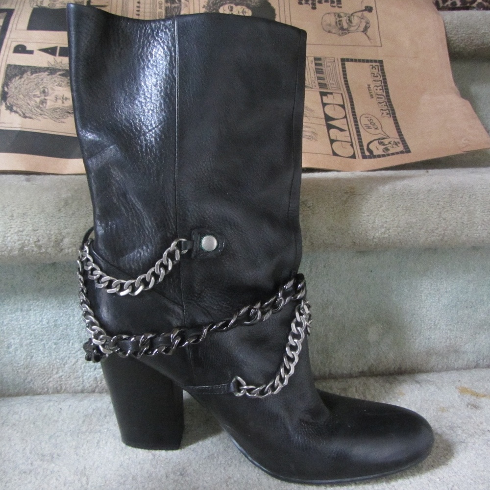 9WEST BLACK LEATHER HIGH HEEL BIKER BOOTS